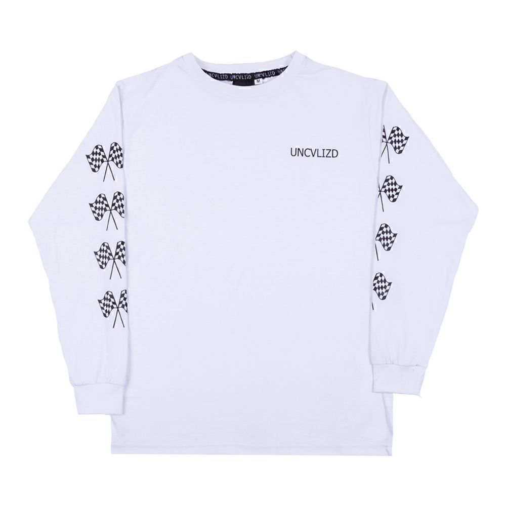 Checkered Flags Long Sleeve T-Shirt- White Size Small